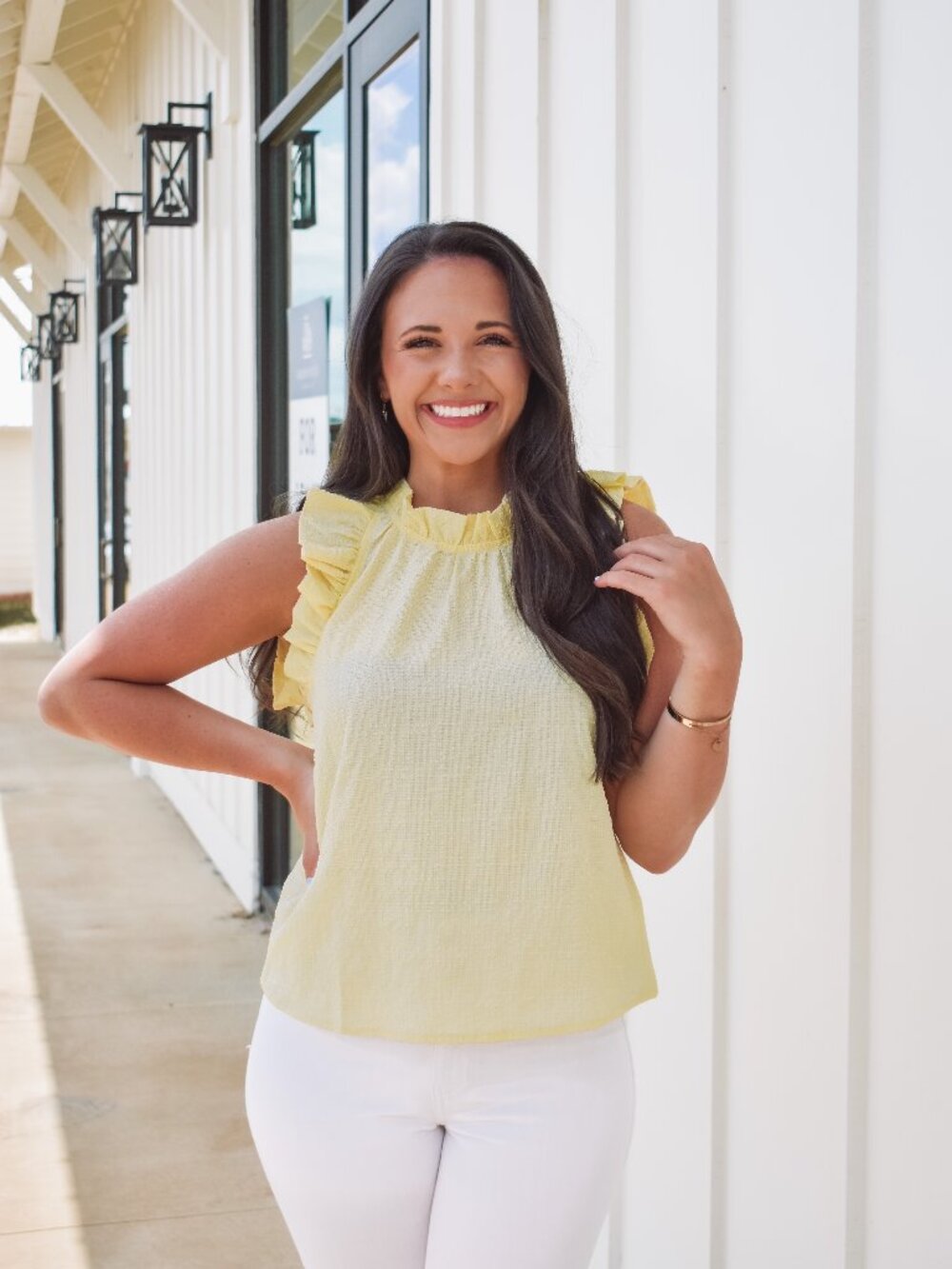 Yellow Ruffle Shoulder Blouse | Teacher Back to School Work Top